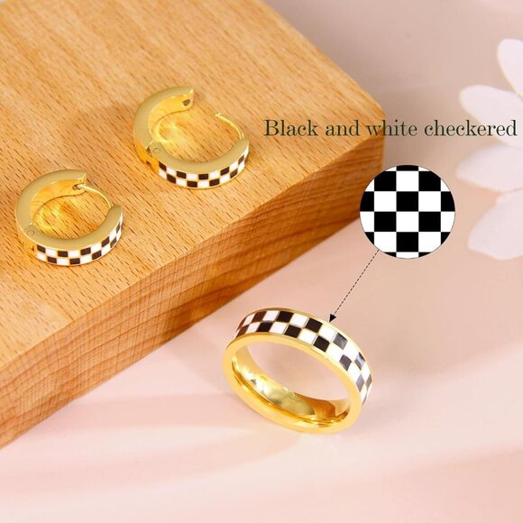 Checkered Jewelry Set Women 18K Gold Plated Stainless Steel Gift-Ready - Picture 4 of 7